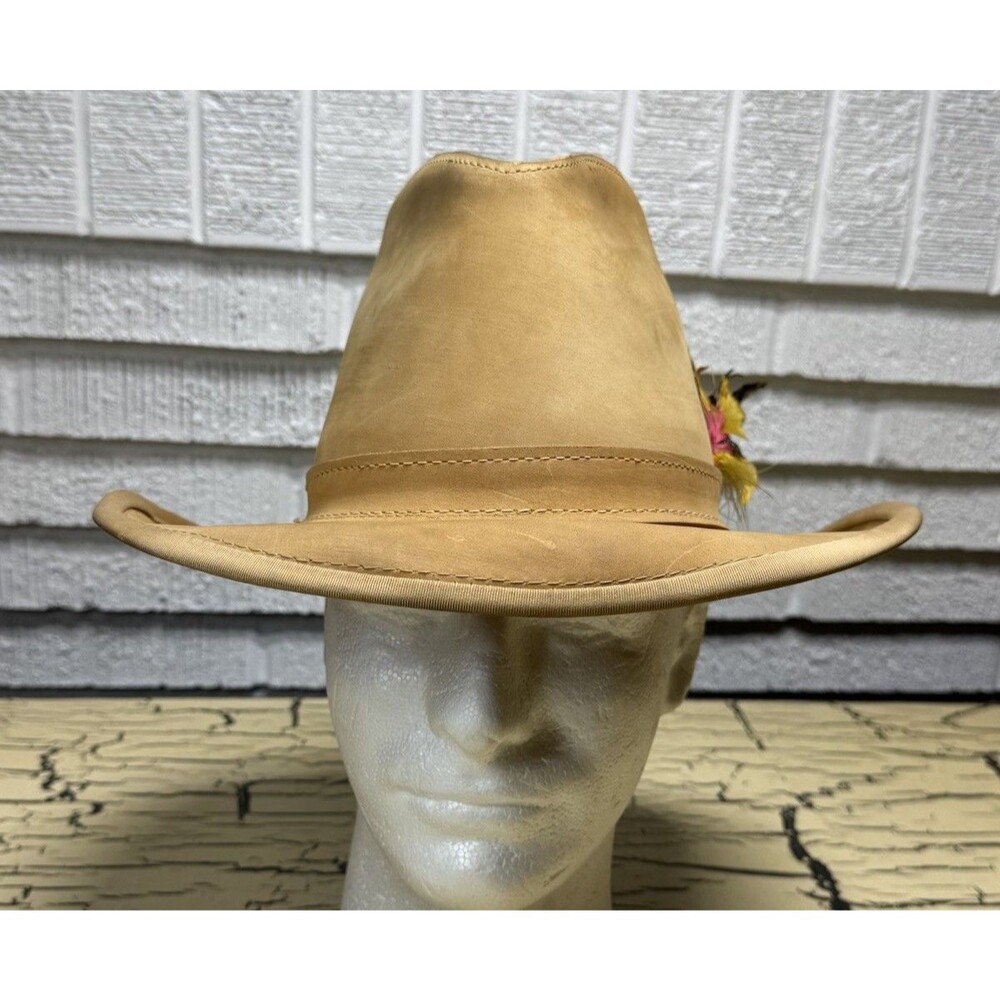VTG Skullys Henschel Western Cowboy Hat Tan Rugged Leather Suede Size Med USA